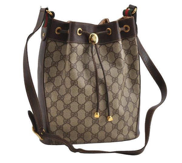 Authentic GUCCI Web Sherry Line Drawstring Bag GG PVC Leather Brown Junk 5182I