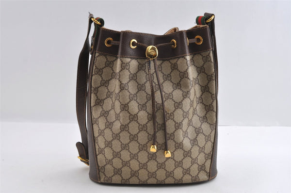 Authentic GUCCI Web Sherry Line Drawstring Bag GG PVC Leather Brown Junk 5182I