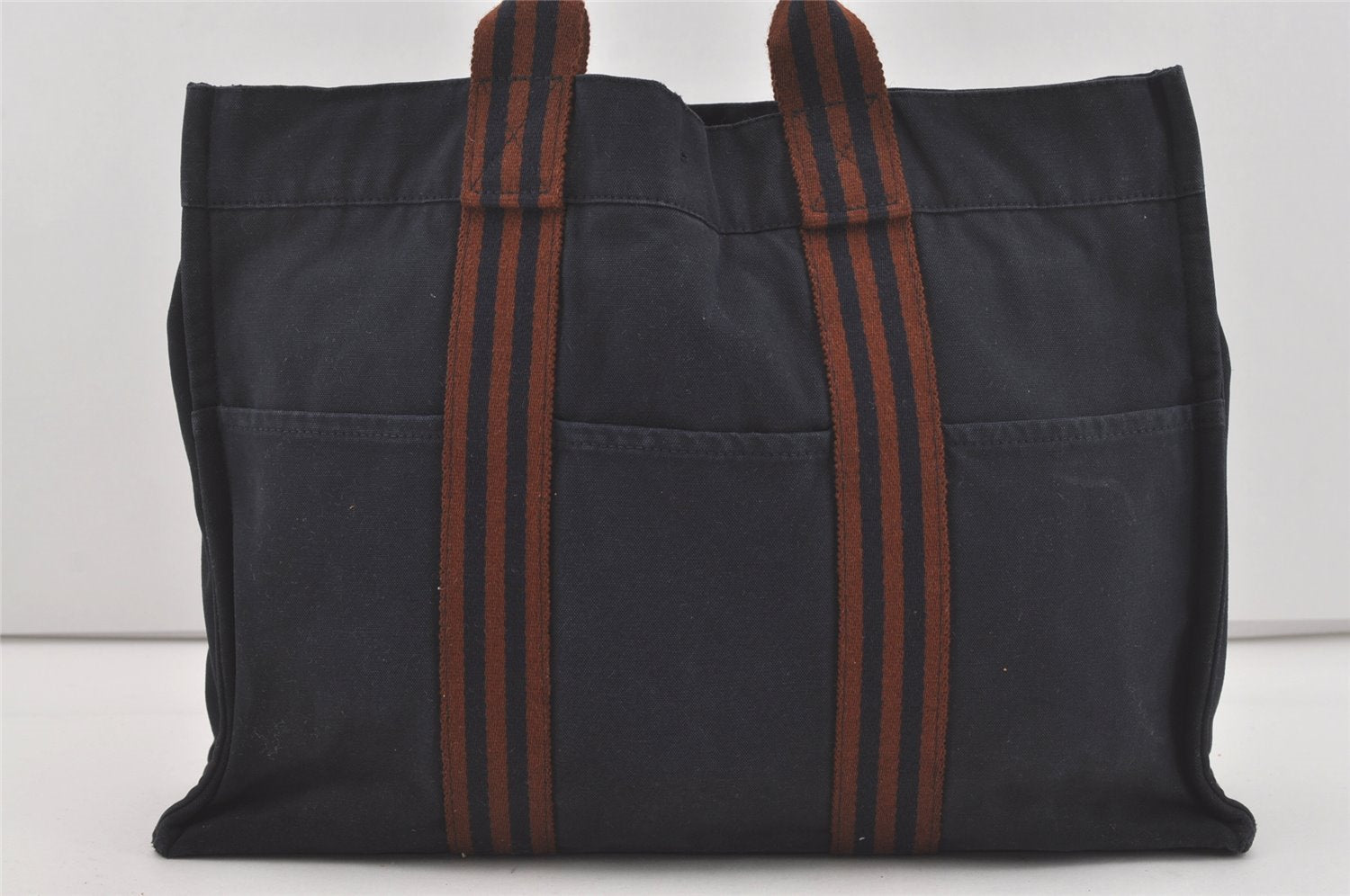 Authentic HERMES Fourre Tout MM Vintage Hand Tote Bag Canvas Navy 5184I