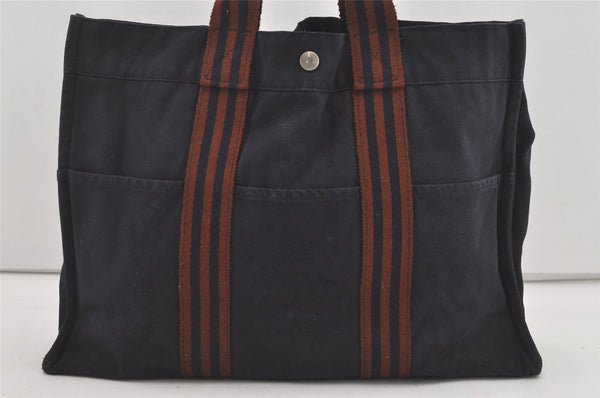 Authentic HERMES Fourre Tout MM Vintage Hand Tote Bag Canvas Navy 5184I