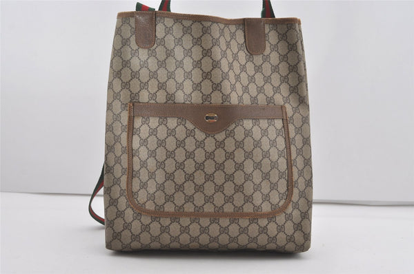 Authentic GUCCI Web Sherry Line Tote Bag GG PVC Leather Brown Junk 5187I