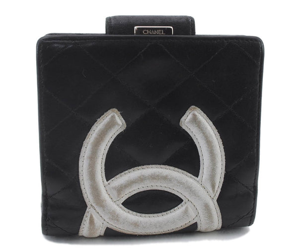 Authentic CHANEL Calf Skin Cambon Line Bifold Wallet Purse Black 5191C