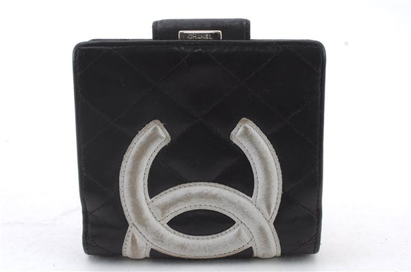 Authentic CHANEL Calf Skin Cambon Line Bifold Wallet Purse Black 5191C