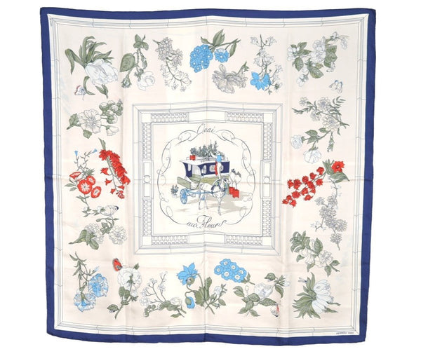 Authentic HERMES Carre 90 Scarf "Quai aux Fleursrn" Silk Navy 5192I