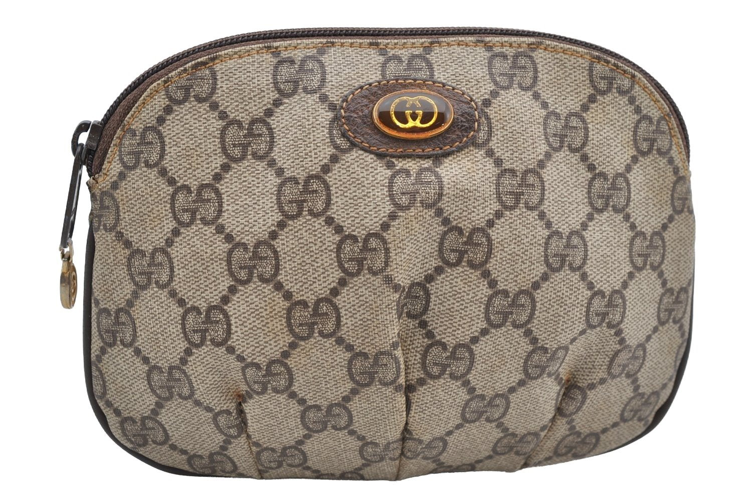 Authentic GUCCI Vintage Pouch Purse GG PVC Leather Brown Junk 5201I