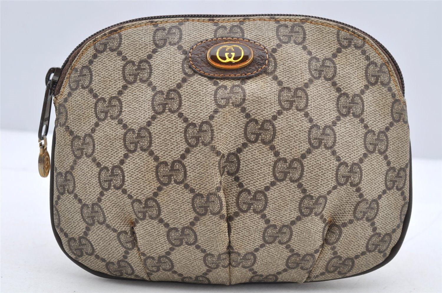 Authentic GUCCI Vintage Pouch Purse GG PVC Leather Brown Junk 5201I