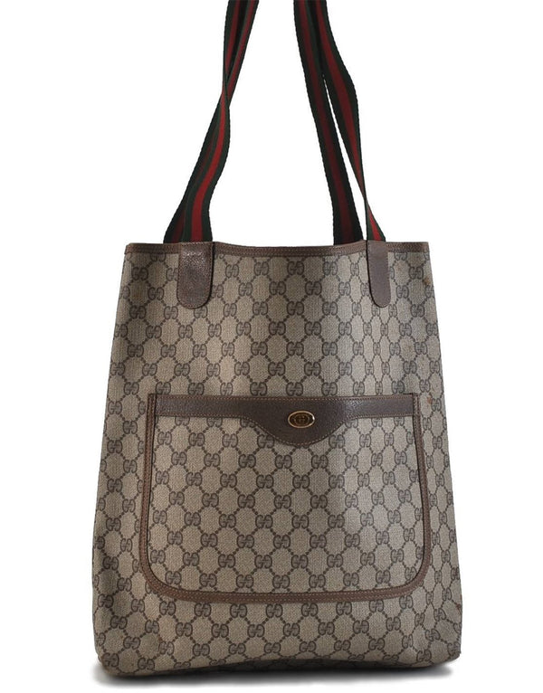 Authentic GUCCI Web Sherry Line Shoulder Tote Bag PVC Leather Brown 5206C