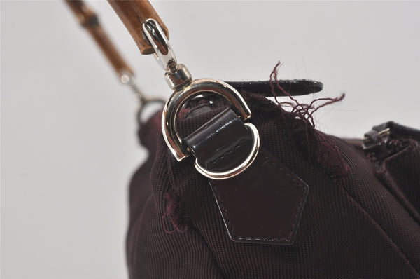 Authentic GUCCI Bamboo 2Way Shoulder Hand Bag Purse Nylon Leather Wine Red 5206I