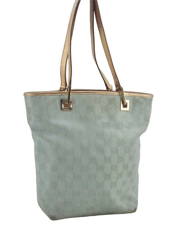 Authentic GUCCI Vintage Tote Bag GG Canvas Leather 0021099 Light Blue 5207I