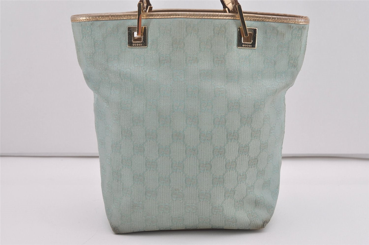 Authentic GUCCI Vintage Tote Bag GG Canvas Leather 0021099 Light Blue 5207I