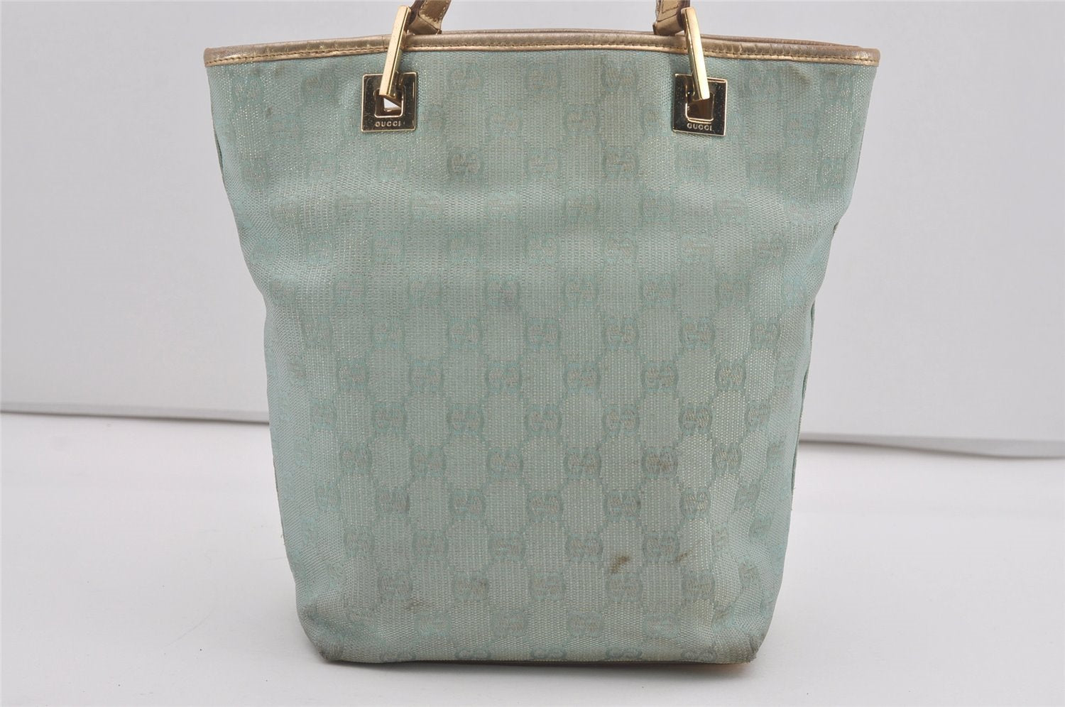 Authentic GUCCI Vintage Tote Bag GG Canvas Leather 0021099 Light Blue 5207I