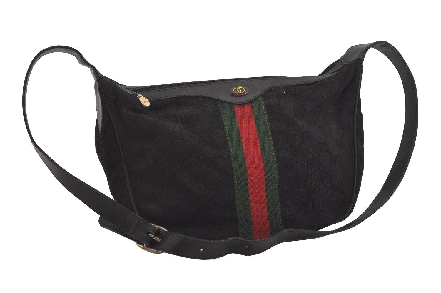 Authentic GUCCI Web Sherry Line Shoulder Bag Purse Canvas Leather Black 5211I