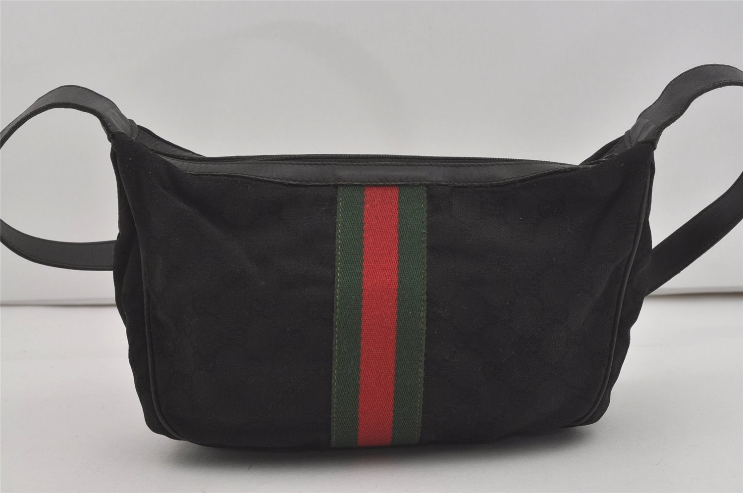 Authentic GUCCI Web Sherry Line Shoulder Bag Purse Canvas Leather Black 5211I