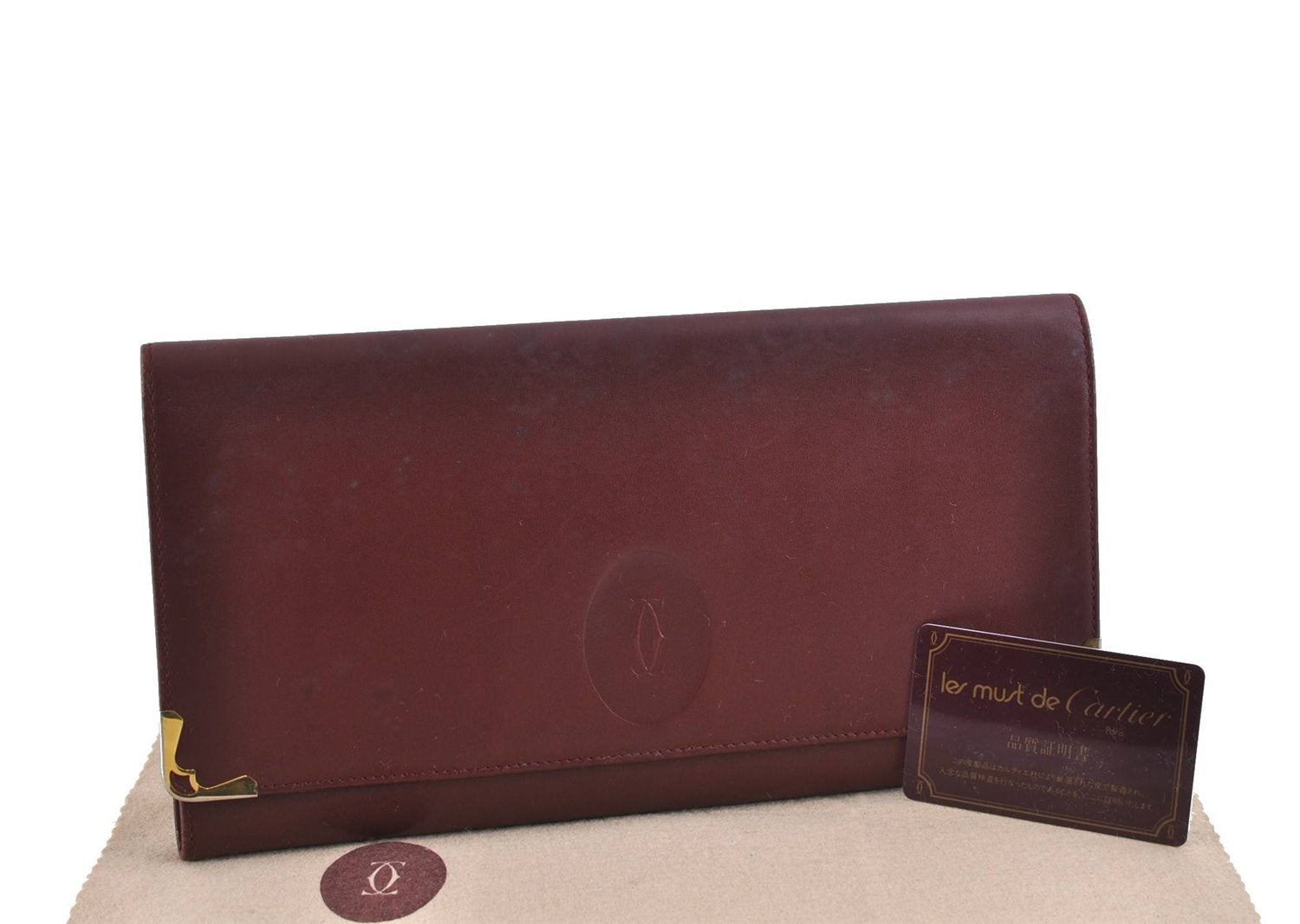 Authentic Cartier Must de Cartier Clutch Bag Leather Bordeaux Red 5226C