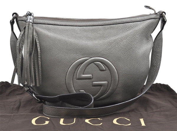 Authentic GUCCI SOHO Tassel Shoulder Cross Body Bag Leather 308361 Silver 5226D