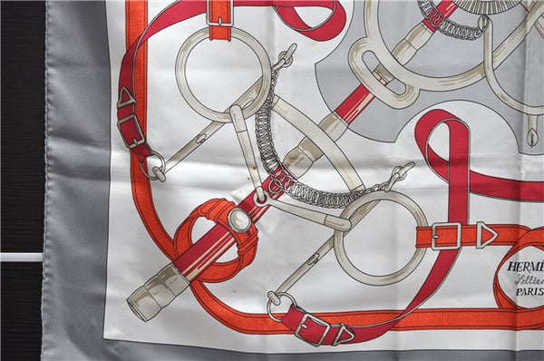 Authentic HERMES Carre 90 Scarf "Eperon d'or" Silk Gray 5228D