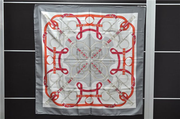 Authentic HERMES Carre 90 Scarf "Eperon d'or" Silk Gray 5228D