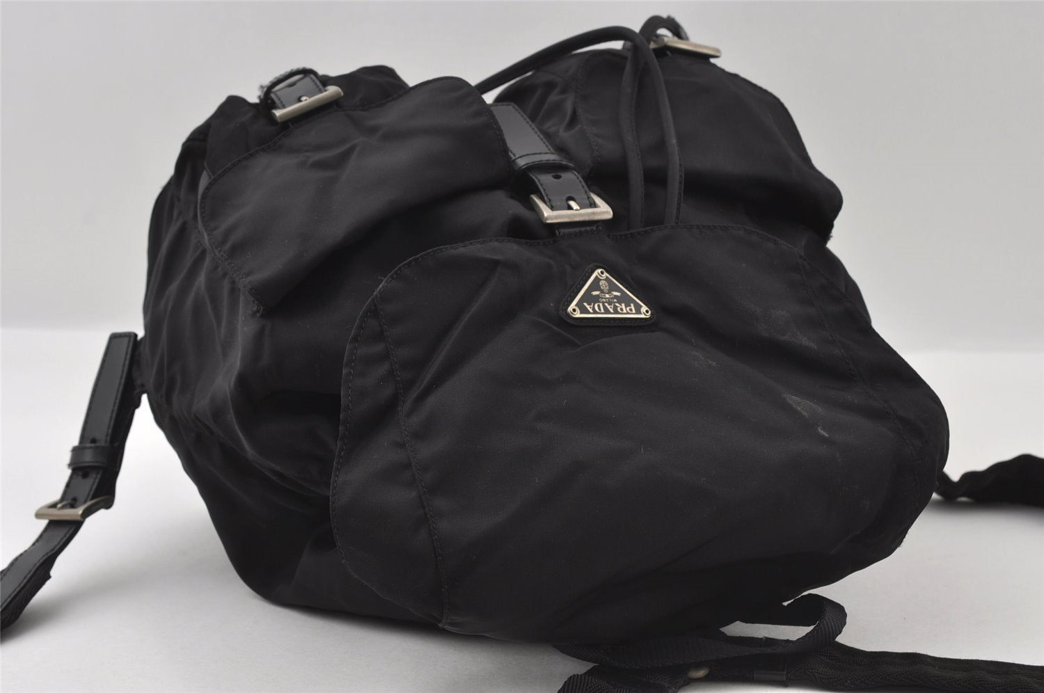 Authentic PRADA Vela Nylon Tessuto Leather Drawstring Backpack B2811 Black 5232I