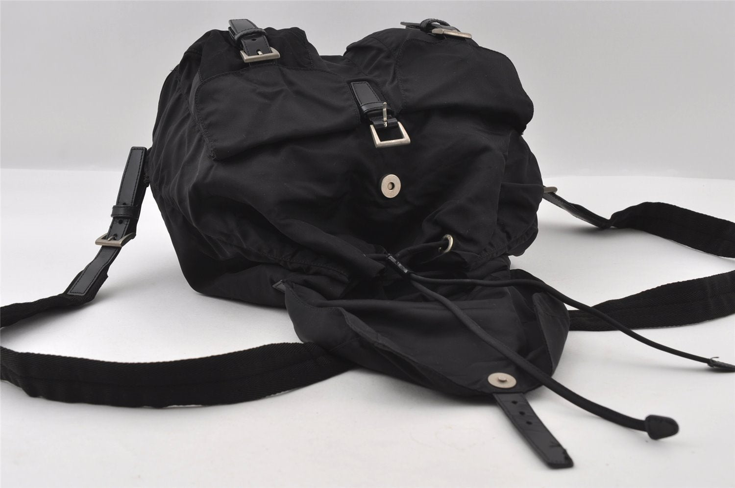 Authentic PRADA Vela Nylon Tessuto Leather Drawstring Backpack B2811 Black 5232I