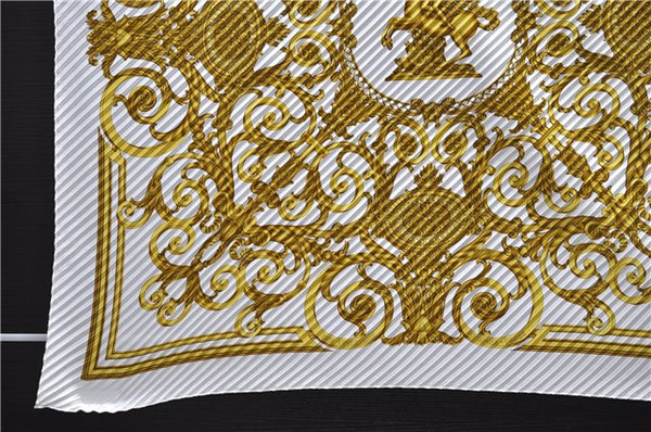 Authentic HERMES Pleats Scarf "LES TUILERIES" Silk White Gold Box 5236D