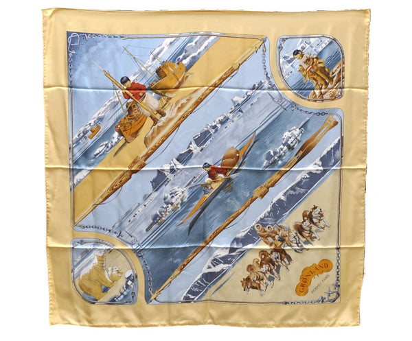 Authentic HERMES Carre 90 Scarf "GRONLAND" Silk Yellow 5237D