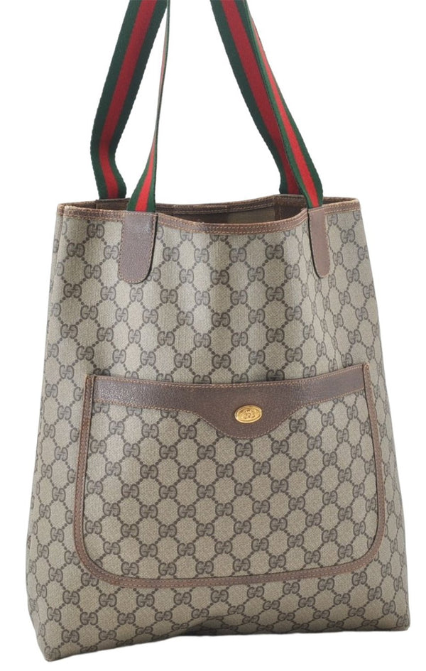 Authentic GUCCI Web Sherry Line Shoulder Tote Bag GG PVC Leather Brown 5237E