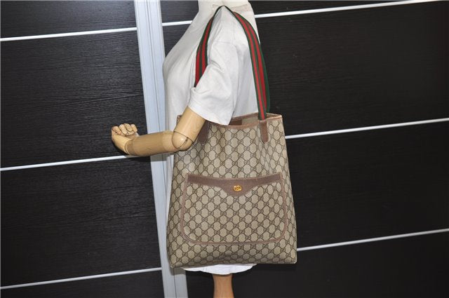 Authentic GUCCI Web Sherry Line Shoulder Tote Bag GG PVC Leather Brown 5237E