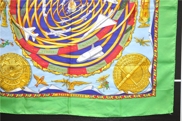 Authentic HERMES Carre 90 Scarf "REVES D'ESPACE" Silk Green 5238D