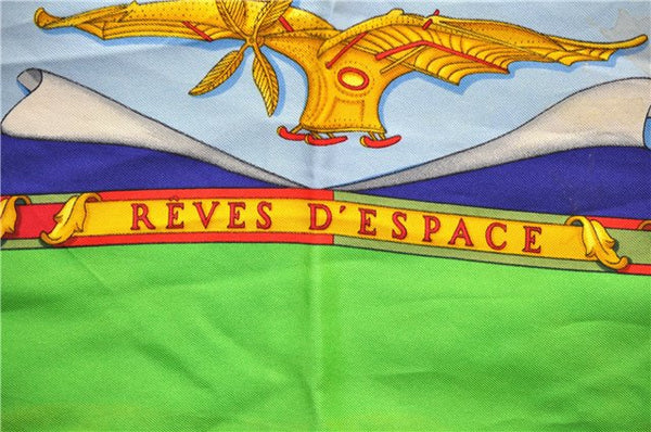 Authentic HERMES Carre 90 Scarf "REVES D'ESPACE" Silk Green 5238D