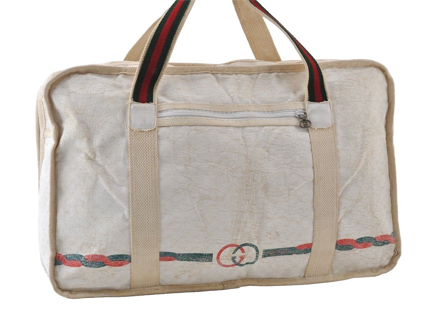 Authentic GUCCI Web Sherry Line Micro GG PVC Leather Travel Bag White Junk 5251I