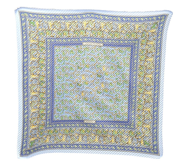 Authentic HERMES Pleats Scarf "CHASSE EN INDE" Silk Light Blue Box 5252D