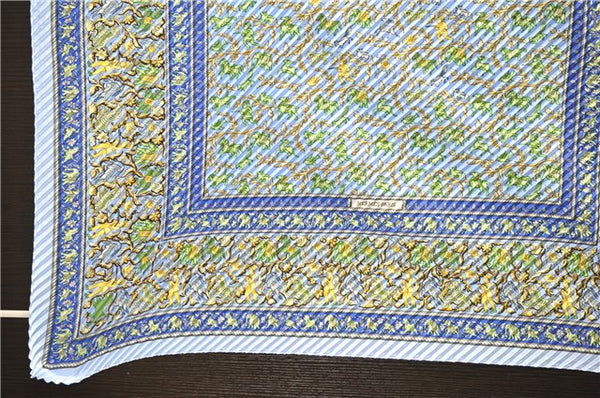 Authentic HERMES Pleats Scarf "CHASSE EN INDE" Silk Light Blue Box 5252D