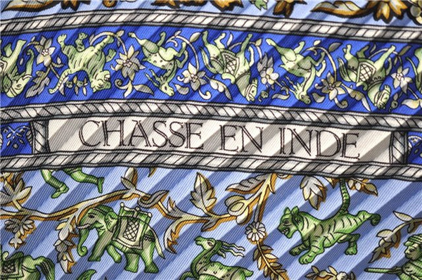 Authentic HERMES Pleats Scarf "CHASSE EN INDE" Silk Light Blue Box 5252D