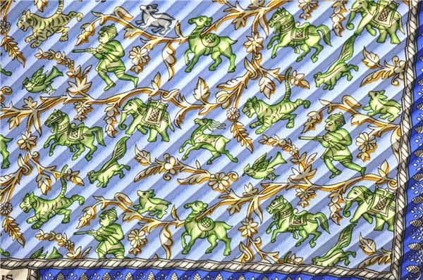 Authentic HERMES Pleats Scarf "CHASSE EN INDE" Silk Light Blue Box 5252D