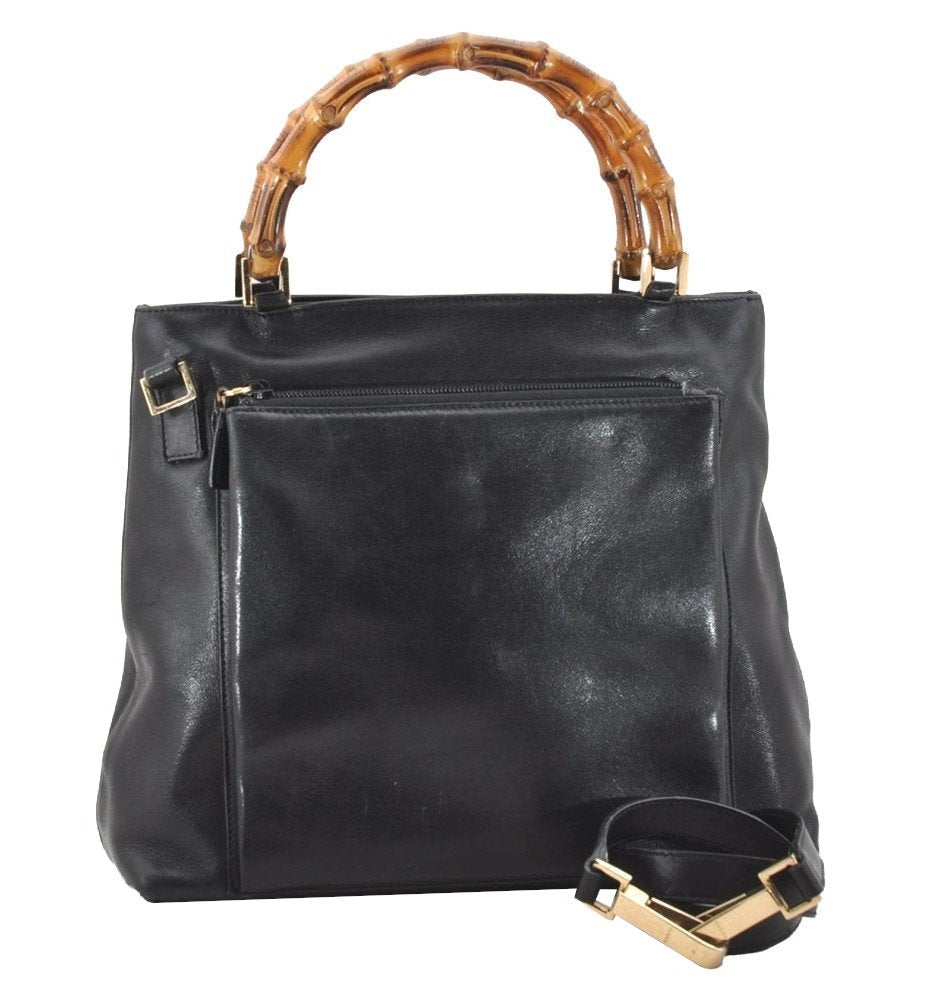 Authentic GUCCI Bamboo Vintage 2way Hand Shoulder Bag Leather Black Junk 5254I
