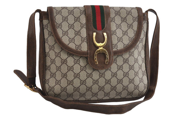 Authentic GUCCI Web Sherry Line Shoulder Cross Bag GG PVC Leather Brown 5257I