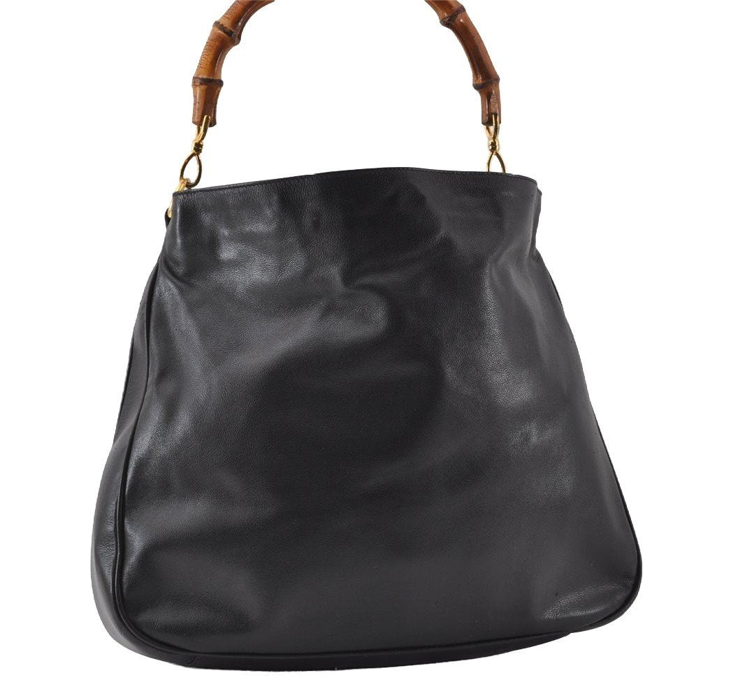 Authentic GUCCI Vintage Bamboo Hand Tote Bag Leather Black Junk 5259I