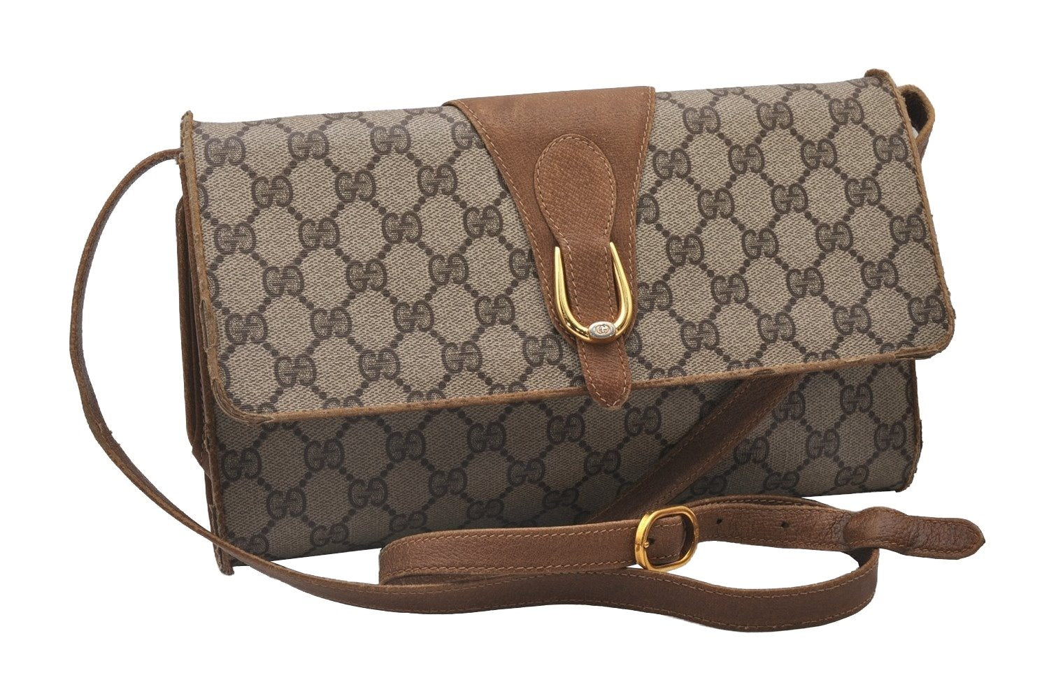 Authentic GUCCI 2Way Shoulder Cross Body Clutch Bag GG PVC Leather Brown 5260I