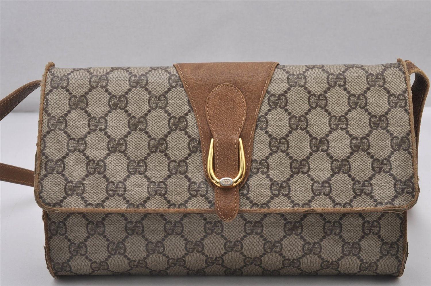 Authentic GUCCI 2Way Shoulder Cross Body Clutch Bag GG PVC Leather Brown 5260I