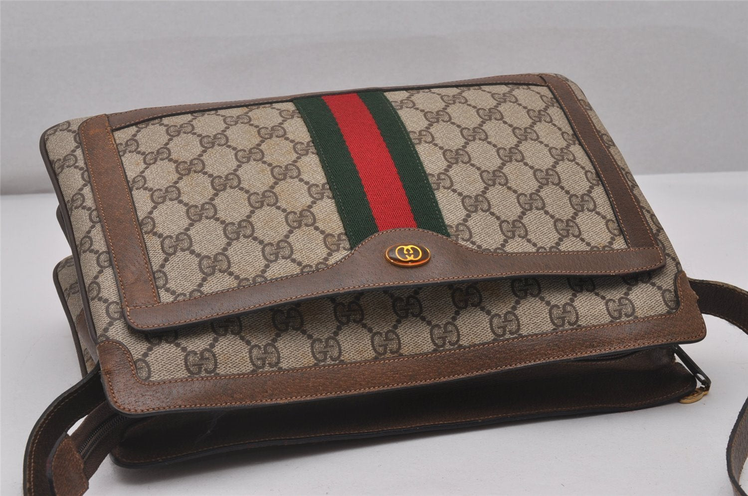 Authentic GUCCI Web Sherry Line Shoulder Cross Bag GG PVC Leather Brown 5263I