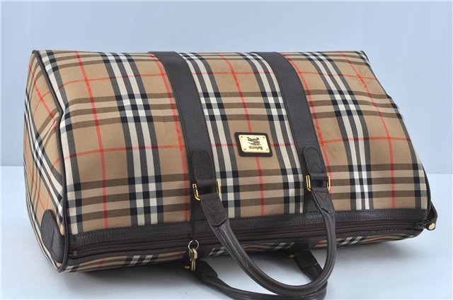 Authentic Burberrys Vintage Nova Check Canvas Travel Boston Bag Brown Beige 5264F