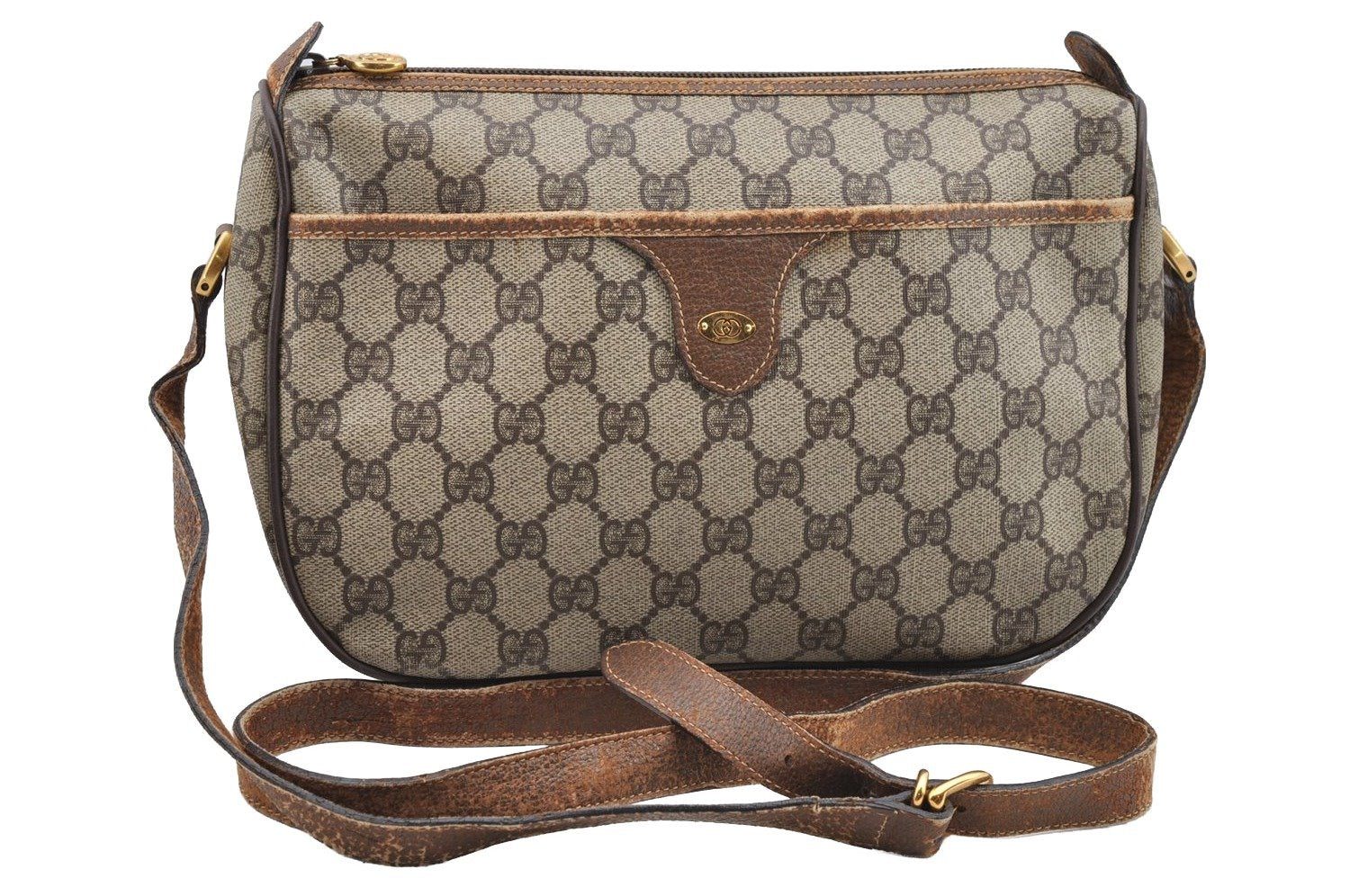 Authentic GUCCI Vintage Shoulder Cross Body Bag Purse GG PVC Leather Brown 5264I