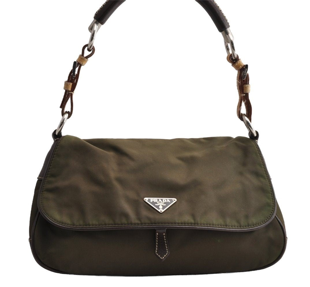 Authentic PRADA Nylon Tessuto Leather Shoulder Hand Bag Purse Khaki Green 5265I