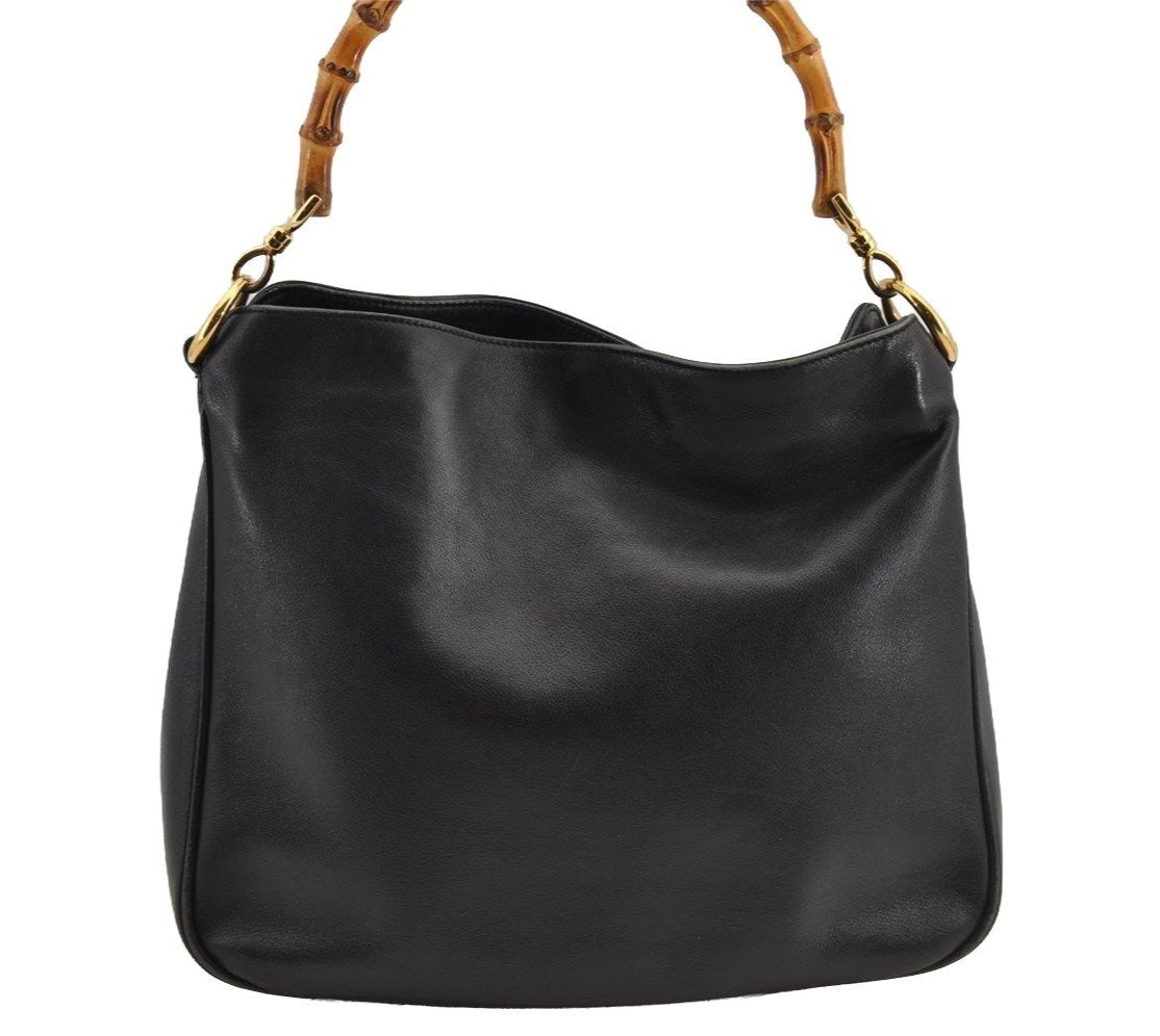 Authentic GUCCI Vintage Bamboo Shoulder Bag Purse Leather 0011638 Black 5267I