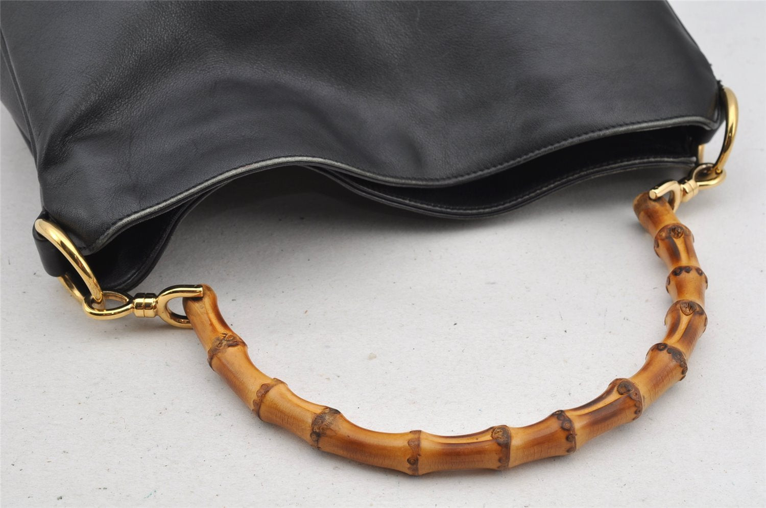 Authentic GUCCI Vintage Bamboo Shoulder Bag Purse Leather 0011638 Black 5267I