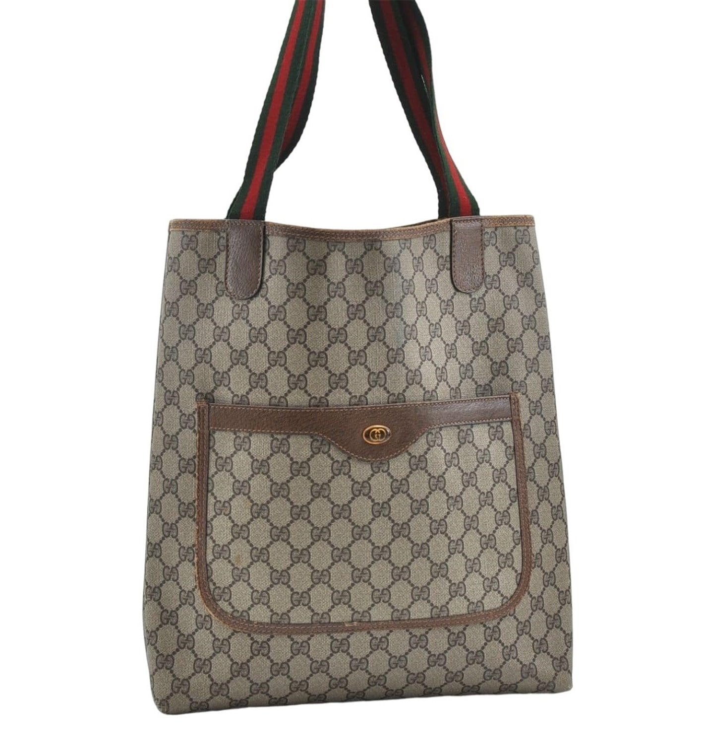 Authentic GUCCI Web Sherry Line Shoulder Tote Bag GG PVC Leather Brown 5268D