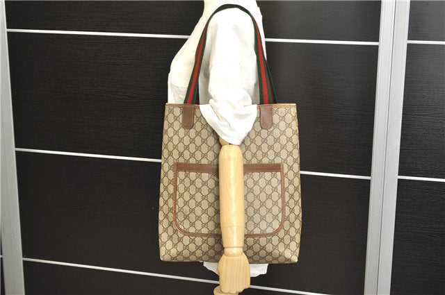 Authentic GUCCI Web Sherry Line Shoulder Tote Bag GG PVC Leather Brown 5268D