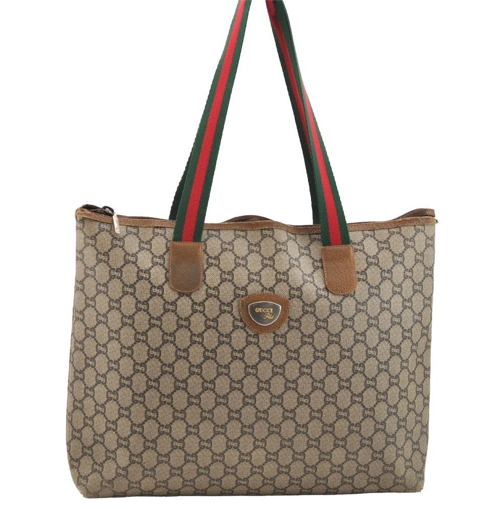 Authentic GUCCI Web Sherry Line GG Plus Tote Bag GG PVC Leather Brown 5270I