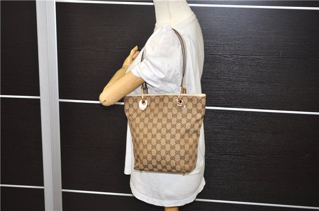 Authentic GUCCI Shoulder Tote Bag GG Canvas Leather 120840 Brown Ivory 5273E