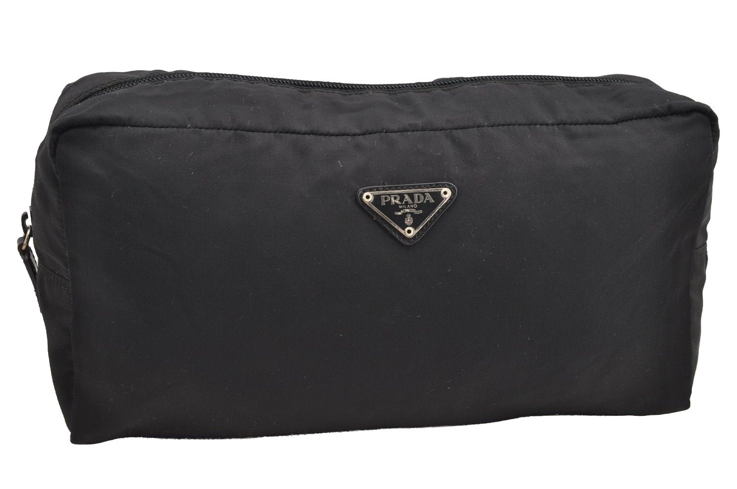 Authentic PRADA Vintage Nylon Tessuto Leather Clutch Hand Bag Purse Black 5280I